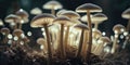 Tiny mushroom patch in a forest. Glowing growing fungi. Science, biology background. White toadstool background.