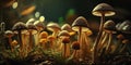 Tiny mushroom patch in a forest. Glowing growing fungi. Science, biology background. Yellow and orange toadstool background.