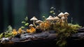 Tiny mushrooms growing on a tree bark in forest