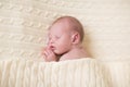 Tiny newborn baby sleeping under knitted blanket