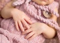 Tiny newborn child hands, close up Royalty Free Stock Photo