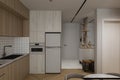 Tiny Open Kitchen interior with Cupboard, Cabinet, sink, Fridge, and oven near foyer space and Dining, 3D rendering