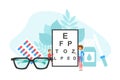 Tiny Ophthalmologist Doctor Checking up Vision of Patient, Ophthalmology, Eye Health Concept Flat Vector Illustration Royalty Free Stock Photo