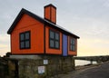 Tiny orange house art installation. Folkestone, Kent, UK