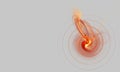 Tiny orange red yellow spiral with red hot burning hearth and golden sparks in the center of it on gray background.