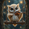 A tiny owl perched on a wooden swing, strumming a ukulele under soft glowing lights Royalty Free Stock Photo