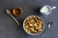 tiny pancakes on a gray background, breakfast ready, small pancakes with honey and milk Royalty Free Stock Photo