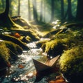 Paper boat travels down the slow moving river