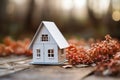 A tiny paper house situated in an open outdoor environment