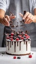 Tiny pastry chefs artfully decorating a giant cake with berries and chocolate. Generative AI Royalty Free Stock Photo
