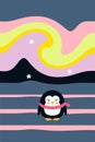 Tiny penguin on the pole under the sky with the Aurora Borealis lights. Vector illustration for poster, card, banner. Vertical