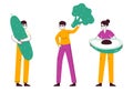 Tiny people carrying vegetables. Small characters with vegetarian healthy food, huge cucumber, avocado and broccoli flat vector