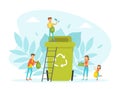 Tiny People Collecting and Throwing Plastic Garbage into Trash Bins, Ecology and Environment Protection Concept Flat Royalty Free Stock Photo