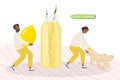Tiny people cooking Ginger Lemonade, Woman bringing Ginger root, man holding lemon fruit. Colored flat cartoon vector
