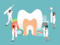 Tiny people dentists characters vector illustration. Dental care by tiny doctors banner concept. Dentist people with Royalty Free Stock Photo