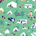 Tiny people enjoying outdoor activity at summer camping seamless pattern. Man, woman, kid, couple and family spending