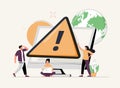 Tiny people examining operating system error warning on web page isolated flat vector illustration. Cartoon mistake.