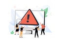 Tiny people examining operating system error warning on web page isolated flat vector illustration. Cartoon mistake.