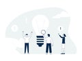 Tiny people have new idea. Brainstorm result, business team and giant lamp bulb. Creative workers, vector young students Royalty Free Stock Photo