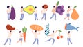 Tiny people hold big food. Fruit vegetables, giant goods. Store or supermarket characters, farm industry. Woman man with Royalty Free Stock Photo