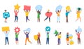 Tiny people hold items. Cartoon persons with social media icons, web signs, feedback star, heart, idea light bulb, men