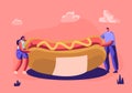 Tiny People Holding Huge Hot Dog with Yellow Mustard. Cute Miniature Scene of Cafe Workers or Visitors with Fast Food. Menu Design