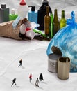 Tiny people live in city made of garbage, plastic, household waste. Contemporary art collage, modern creative design