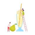 Tiny People Making Cocktail, Young Man and Woman Putting Fruits to Big Glass with Juice and Straw, Cold Sweet Summer Royalty Free Stock Photo