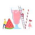 Tiny People Making Cocktail, Young Men and Woman Putting Watermelon Slice and Ice Cubes to Big Glass with Juice, Cold