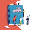 Tiny people or managers trying to open giant user manual. Small men and women and large computer software guide or Royalty Free Stock Photo