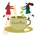 Tiny people METAPHOR, tiny people make green tea in a big cup, a toy world, conceptual illustration Royalty Free Stock Photo