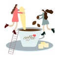 Tiny people METAPHOR, tiny people make coffee for a person, a small fairy-tale toy world where tiny people live, a children`s