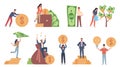 Tiny people with money. Budget elements, different poses persons, woman waters money tree, man rolls large coin, holding