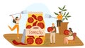 Tiny people opened a huge jar of dried tomatoes, vector illustration