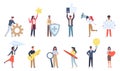 Tiny people with social media icons. Small characters with big signs objects, little men and women hold online apps