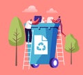 Tiny People Throw Paper Garbage into Huge Litter Bin with Recycle Sign. City Dwellers Collecting Trash. Waste Recycling Royalty Free Stock Photo