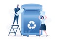 Tiny people throwing plastic garbage in big trash can. Separate collection, recycling of garbage. Business characters Royalty Free Stock Photo