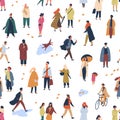 Tiny people in trendy clothes flat vector seamless pattern. Young and old women and men in autumn clothing decorative Royalty Free Stock Photo