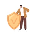 Tiny person standing with safe shield as symbol of defense and secure. Concept of cyber safety and privacy. Man