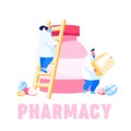 Tiny Pharmacist Characters Climbing on Huge Medicine Bottle with Drug Pills and Tablets. Pharmacy, Drugstore