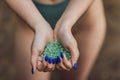 Tiny pieces of plastic collected from sandy beach in hands of environmentalist. Microplastic is polluting the sea and Royalty Free Stock Photo