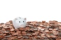 Tiny piggy bank on table of pennies Royalty Free Stock Photo