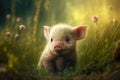 Tiny piglet with cannon on pink skin runs through grass