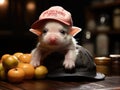 Tiny piglet in firefighter hat Fujifilm camera