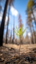 Tiny pine sprout emerges from forest floor after fire Royalty Free Stock Photo