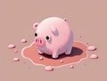 tiny pink pig with a curly tail grunts happily in its mud puddle. Cute creature. AI generation