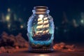 A tiny pirate ship navigating the enchanting ocean in a bottle Royalty Free Stock Photo