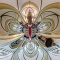 tiny planet transformation of spherical panorama 360 degrees. Spherical abstract view inside catholic gothic church. Curvature of