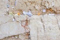 Tiny prayer notes inserted into the cracks and crevices of the Western Wall holy site in Jerusalem, Israel Royalty Free Stock Photo