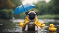 tiny raincoat and holding an umbrella, sitting in a puddle with rubber ducks duck duckies